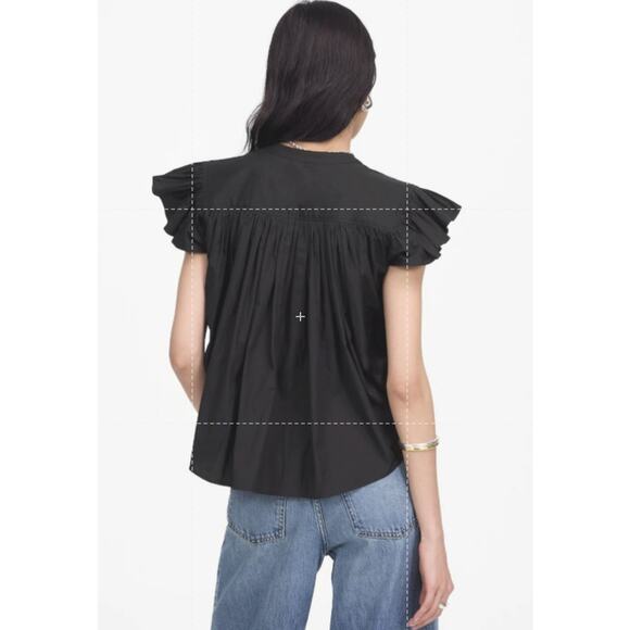 Madewell Poplin Shirred Button-Up Shirt Womens XL Black Ruffle Cap Sleeve NU451 - Picture 3 of 8